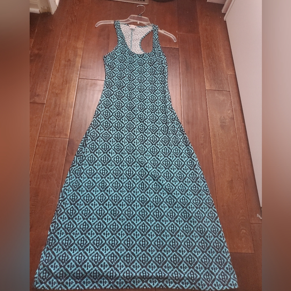 Women’s Teal Patterned Midi Dress - Sleeveless Racerback Size Medium Calf Length
